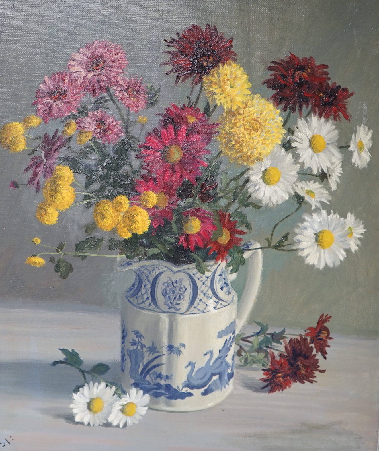 After James Bolivar Manson (1879-1945), oil on canvas, Still life of flowers in a blue and white jug, initialled N, 50 x 40cm